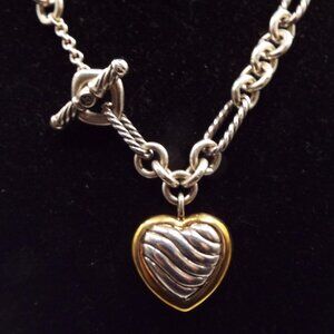 EUC DAVID YURMAN 18K YELLOW GOLD STERLING SILVER RIBBED HEART CHAIN NECKLACE BR